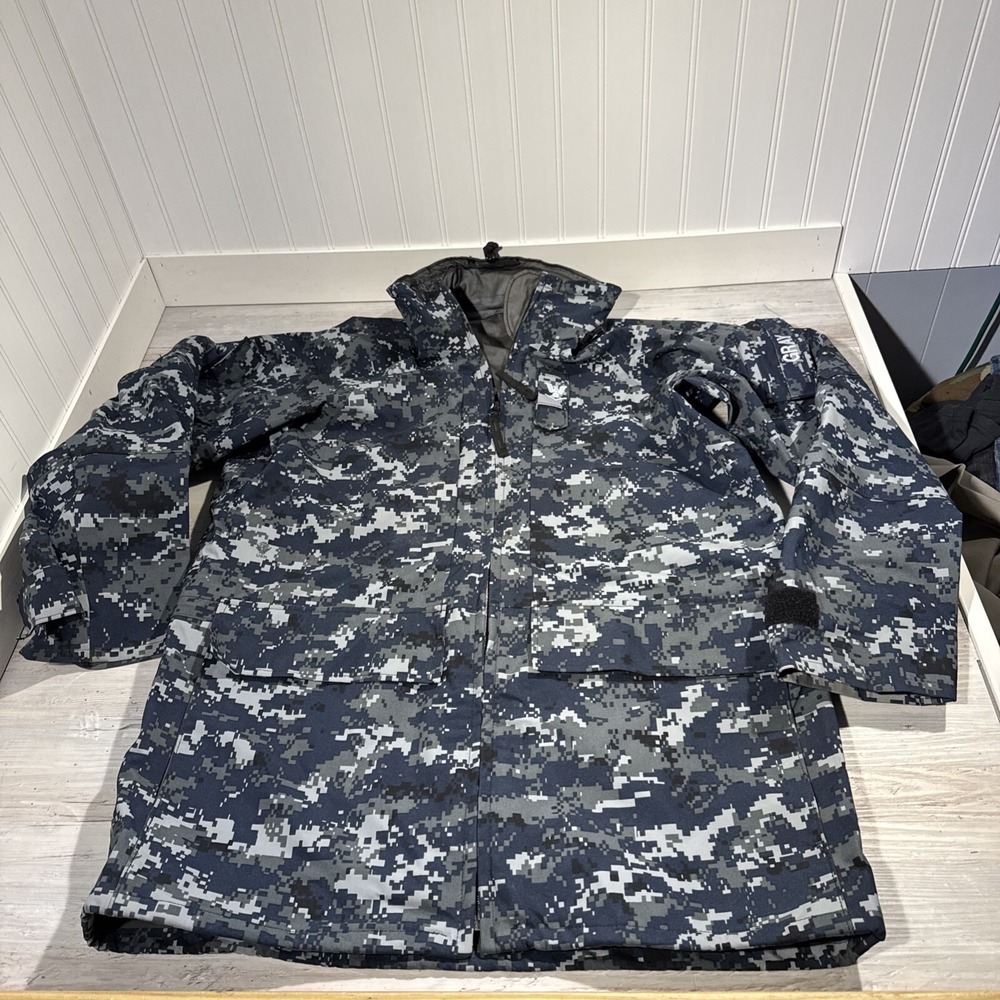 US Navy Jacket Working Parka Blue Digital Camo Hooded Mens Medium Long Snowboard